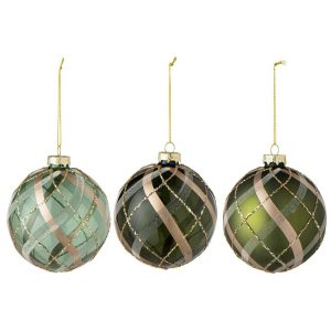 CHRISTMAS BAUBLE CHECKERED GLASS GREEN/GOLD LARGE ASSORTMENT OF 3