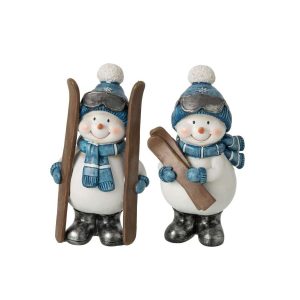 SNOWMAN SKI POLYRESIN BLUE/WHITE ASSORTMENT OF 2
