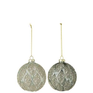 CHRISTMAS BAUBLE LEAVES GLASS MINT GREEN/DARK GREEN ASSORTMENT OF 2
