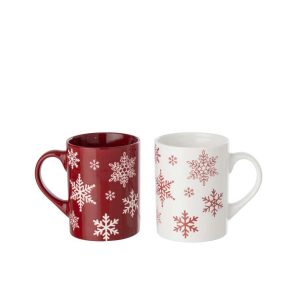 BOX OF 2 MUG SNOWFLAKE PORCELAIN WHITE/CHRISTMAS RED