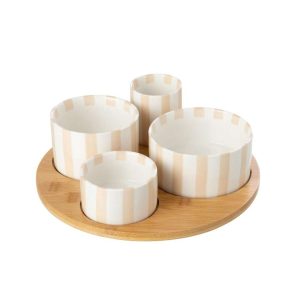 APPETIZER SET STRIPED STONEWARE LIGHT BEIGE/WHITE