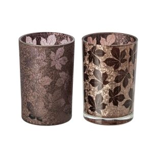 TEALIGHT HOLDER LEAVES CRACKLED GLASS DARK BROWN/BEIGE LARGE ASSORTMENT OF 2