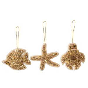 HANGER FISH + STARFISH + TURTLE FABRIC/BEADS GOLD ASSORTMENT OF 3