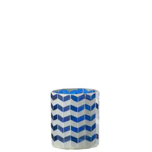 CANDLE HOLDER GLASS BLUE/WHITE MEDIUM