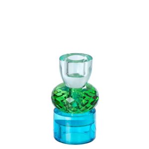 CANDLE HOLDER GLASS EMERALD GREEN/AZURE BLUE