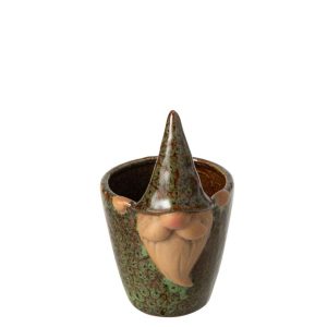 FLOWERPOT GNOME STONEWARE GREEN/BROWN SMALL