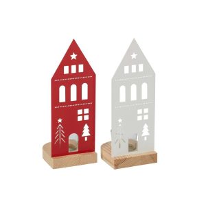 TEALIGHT HOLDER HOUSE IRON WHITE/CHRISTMAS RED LARGE ASSORTMENT OF 2