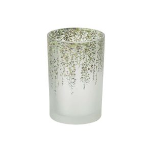 TEALIGHT HOLDER LEAVES CYLINDER GLASS DARK GREEN/TRANSPARENT LARGE