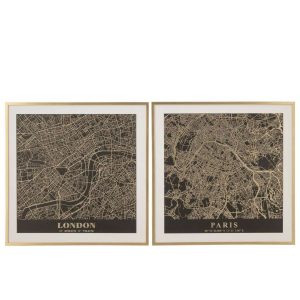 WALL DECORATION LONDON PARIS CANVAS BLACK/GOLD ASSORTMENT OF 2