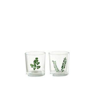 TEALIGHT LEAF GLASS GREEN/TRANSPARANT ASSORTIMENT OF 2