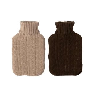 HOT WATER BOTTLE KNITTED RUBBER TAUPE/DARK BROWN ASSORTMENT OF 2