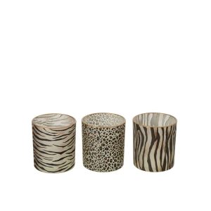TEALIGHT HOLDER WILD CYLINDER GLASS CAMEL/BLACK SMALL ASSORTMENT OF 3