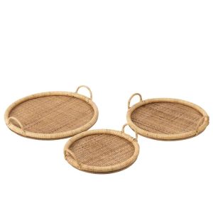 SET OF 3 TRAY OVAL RATTAN/METAL NATURAL