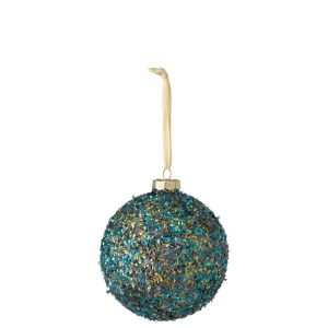 CHRISTMAS BAUBLE GLITTERS GLASS BLUE/GOLD