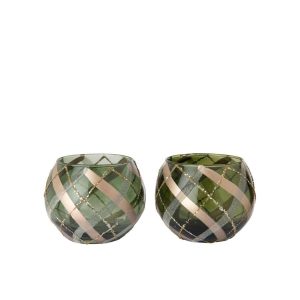 TEALIGHT HOLDER CHECKERED GLASS GREEN/GOLD ASSORTMENT OF 2