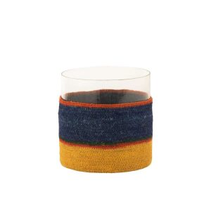 TEA LIGHT HOLDER ROUND+STRIPES GLASS/SEAGRASS DARK BLUE/YELLOW