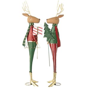 REINDEER PINE TREE  +  GIFT METAL CHRISTMAS RED/DARK GREEN ASSORTMENT OF 2