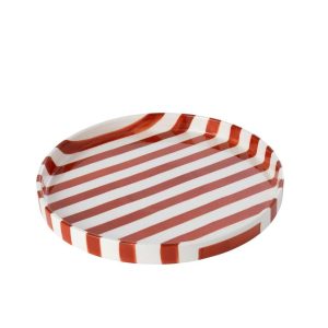 PLATE STRIPED STONEWARE COGNAC/WHITE LARGE