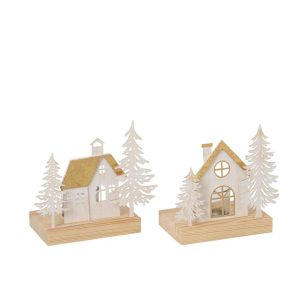 TEALIGHT HOLDER HOUSE + TREES IRON WHITE/GOLD ASSORTMENT OF 2