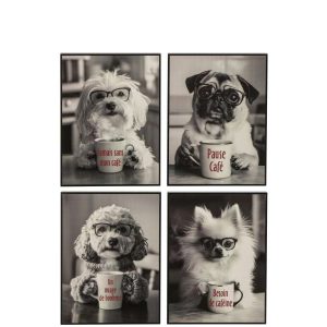 POSTER DOG + COFFEE MDF BURGUNDY ASSORTMENT OF 4