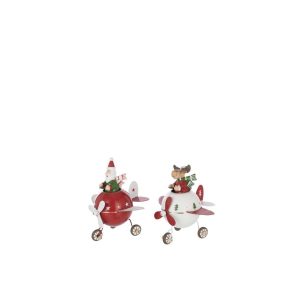REINDEER + SANTA CLAUS IN PLANE METAL CHRISTMAS RED/WHITE SMALL ASSORTMENT OF 2