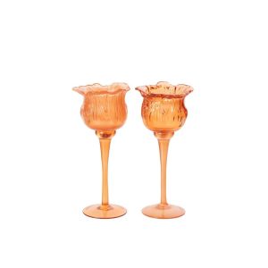 TEALIGHT HOLDER ON BASE TULIP GLASS ORANGE SMALL ASSORTMENT OF 2
