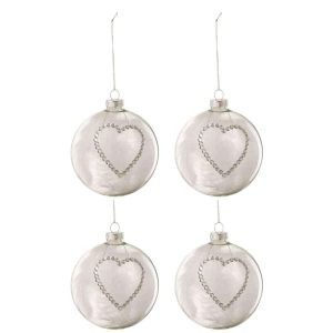 BOX OF 4 CHRISTMAS BAUBLES HEART STRASS SILVER FEATHER WHITE GLASS CLEAR MEDIUM