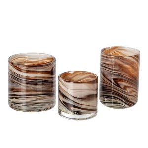 SET OF 3 TEALIGHT HOLDER MARBLE GLASS BROWN/BEIGE