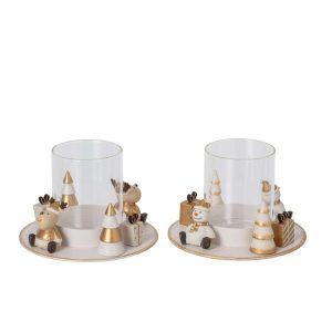 TEALIGHT HOLDER SNOWMAN + REINDEER ROUND IRON WHITE/GOLD ASSORTMENT OF 2