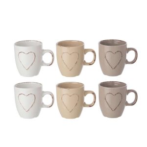BOX OF 2 COFFEE CUP HEART STONEWARE WHITE/BEIGE ASSORTMENT OF 3