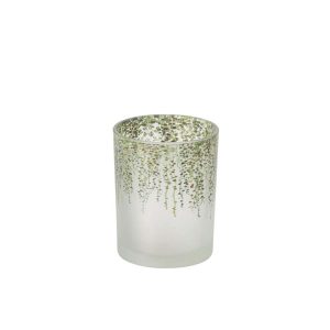 TEALIGHT HOLDER LEAVES CYLINDER GLASS DARK GREEN/TRANSPARENT MEDIUM