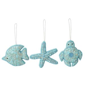 HANGER FISH + STARFISH + TURTLE FABRIC/BEADS AZURE BLUE ASSORTMENT OF 3