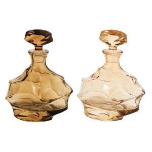CARAFE GOLDEN RIM RELIEF GLASS OCHER YELLOW/BRONZE ASSORTMENT OF 2