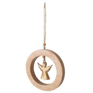 HANGER ANGEL IN RING MANGO WOOD NATURAL/GOLD LARGE