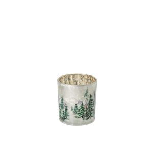 CANDLE HOLDER CHRISMAS TREE GLASS WHITE/DARK GREEN SMALL