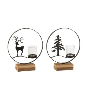 TEALIGHT HOLDER REINDEER ROUND WOOD BLACK/NATURAL ASSORTMENT OF 2