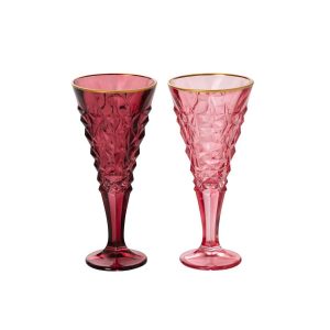 CHAMPAGNE GLASS GOLDEN RIM RELIEF GLASS BURGUNDY/LIGHT PINK LARGE ASSORTMENT OF 2