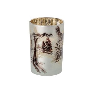 TEALIGHT HOLDER SKIING SCENE GLASS WHITE/BROWN LARGE