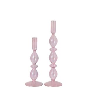SET OF 2 CANDLE HOLDER PEARL EFFECT GLASS LIGHT PINK