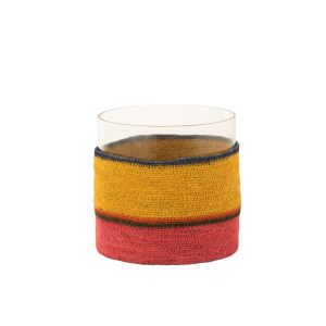 TEA LIGHT HOLDER ROUND+STRIPES GLASS/SEAGRASS YELLOW/PINK