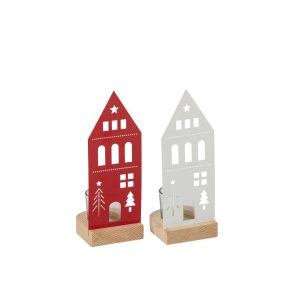 TEALIGHT HOLDER HOUSE IRON WHITE/CHRISTMAS RED SMALL ASSORTMENT OF 2