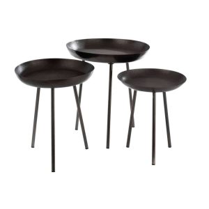 SET OF 3 SIDETABLES TRAY ROUND METAL MATTE DARK GREY
