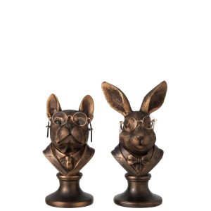 BUST DOG  +  RABBIT POLYRESIN BRONZE ASSORTMENT OF 2
