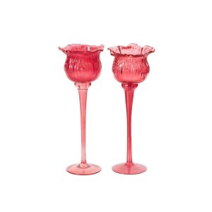 TEALIGHT HOLDER ON BASE TULIP GLASS FUCHSIA LARGE ASSORTMENT OF 2
