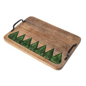 DECORATIVE TRAY ENGRAVED MANGO WOOD NATURAL/DARK GREEN