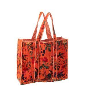 TOTE BAG BIRDS/FLOWERS COTTON VELVET ORANGE
