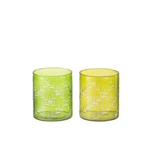 TEALIGHT HOLDER LEAVES GLASS GREEN LARGE ASSORTMENT OF 2