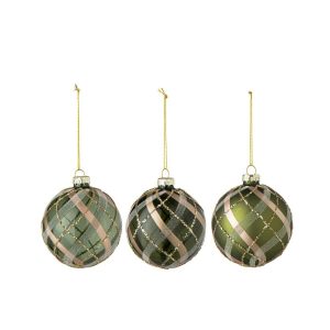 CHRISTMAS BAUBLE CHECKERED GLASS GREEN/GOLD SMALL ASSORTMENT OF 3