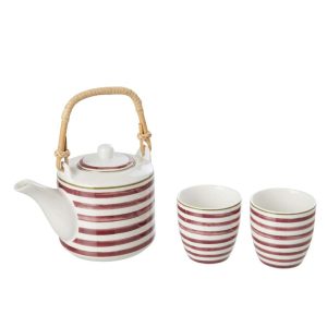TEAPOT + CUPS STONEWARE BURGUNDY