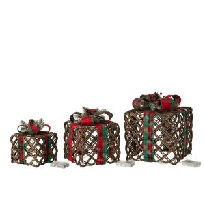 SET OF 3 GIFT LED RIBBON + PINECONES IRON DARK BROWN/CHRISTMAS RED